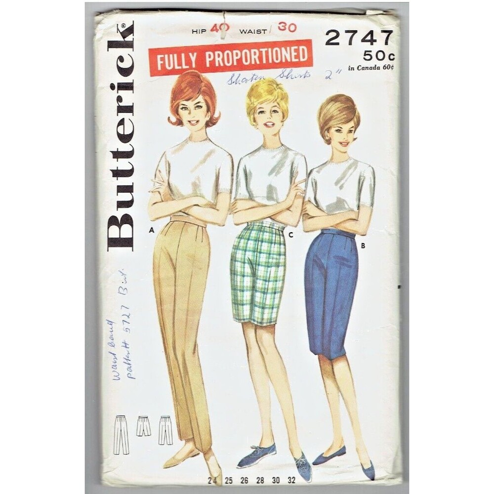 Butterick Sewing Pattern 2747 Misses Proportioned Pants Shorts Hip 40 Waist 30
